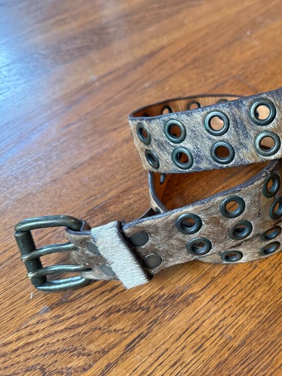 Gold hair-on hyde & leather belt with gold/brass hardware. main image 8